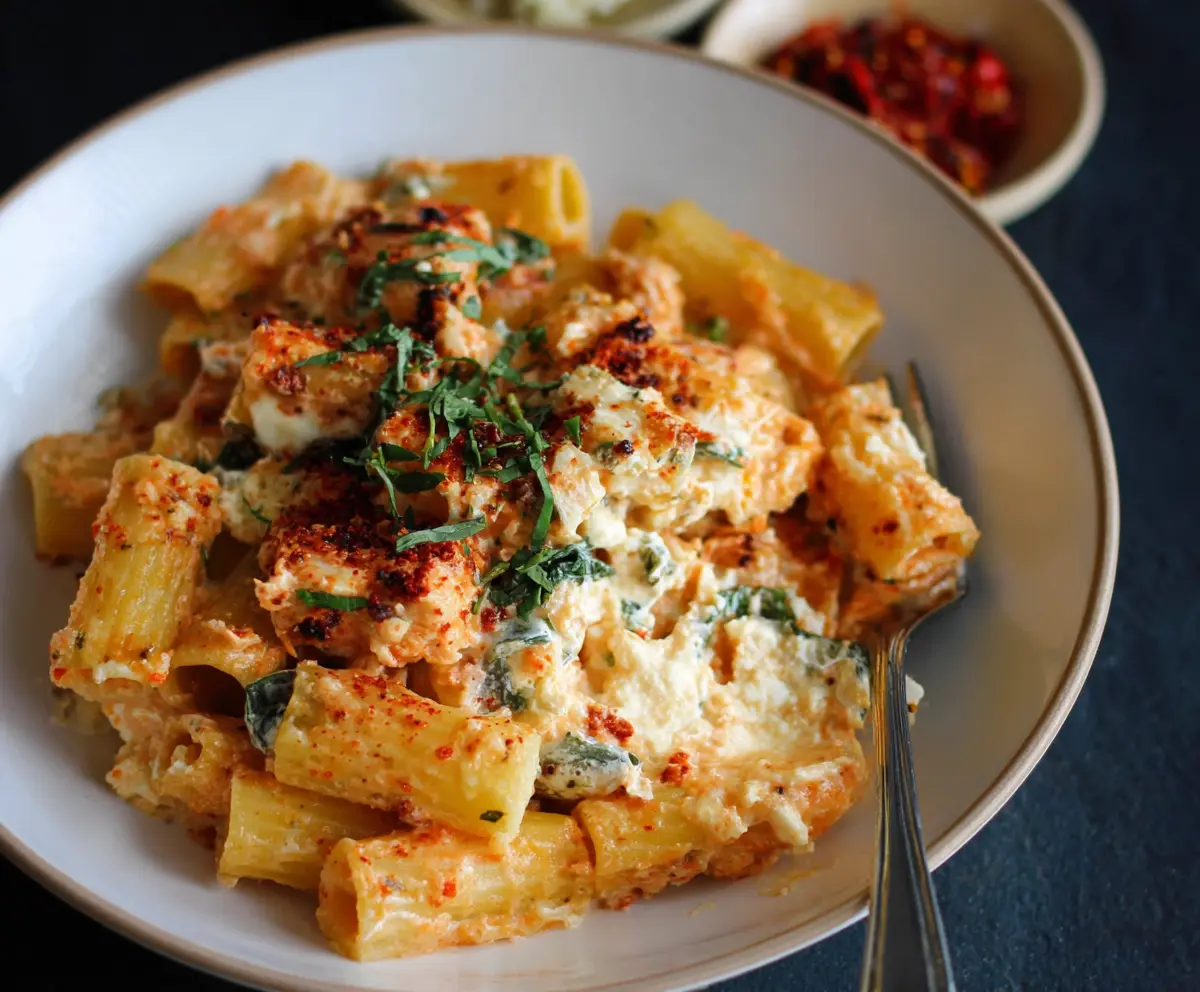 Creamy Boursin cheese rigatoni pasta dish garnished with fresh herbs.