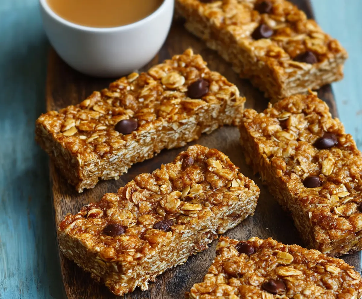 Healthy homemade breakfast bars with oats, nuts, and dried fruits on a rustic wooden table.