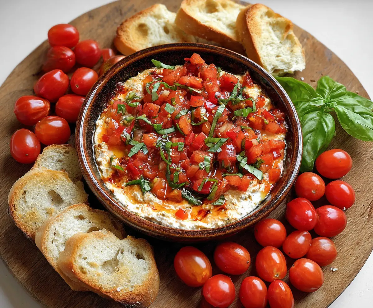Delicious bruschetta dip with fresh tomatoes, basil, and melted cheese served with crunchy bread slices.