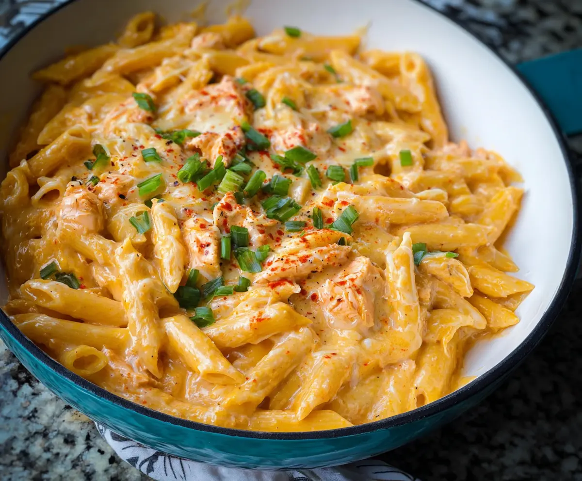 Creamy Buffalo Chicken Alfredo Penne pasta garnished with herbs and crispy chicken pieces.