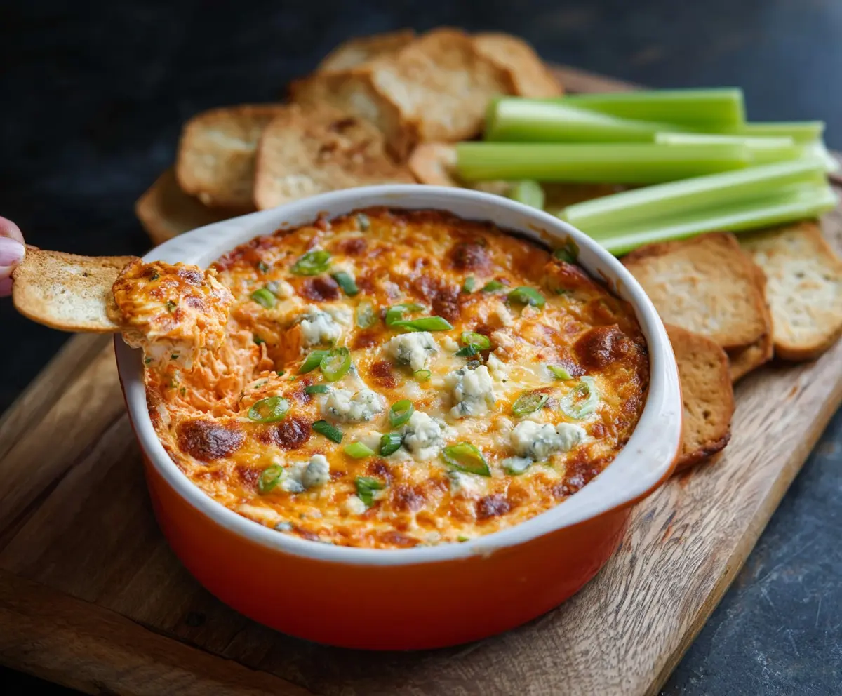 Creamy Buffalo Chicken Dip served with crispy vegetables and chips, perfect for parties and gatherings.