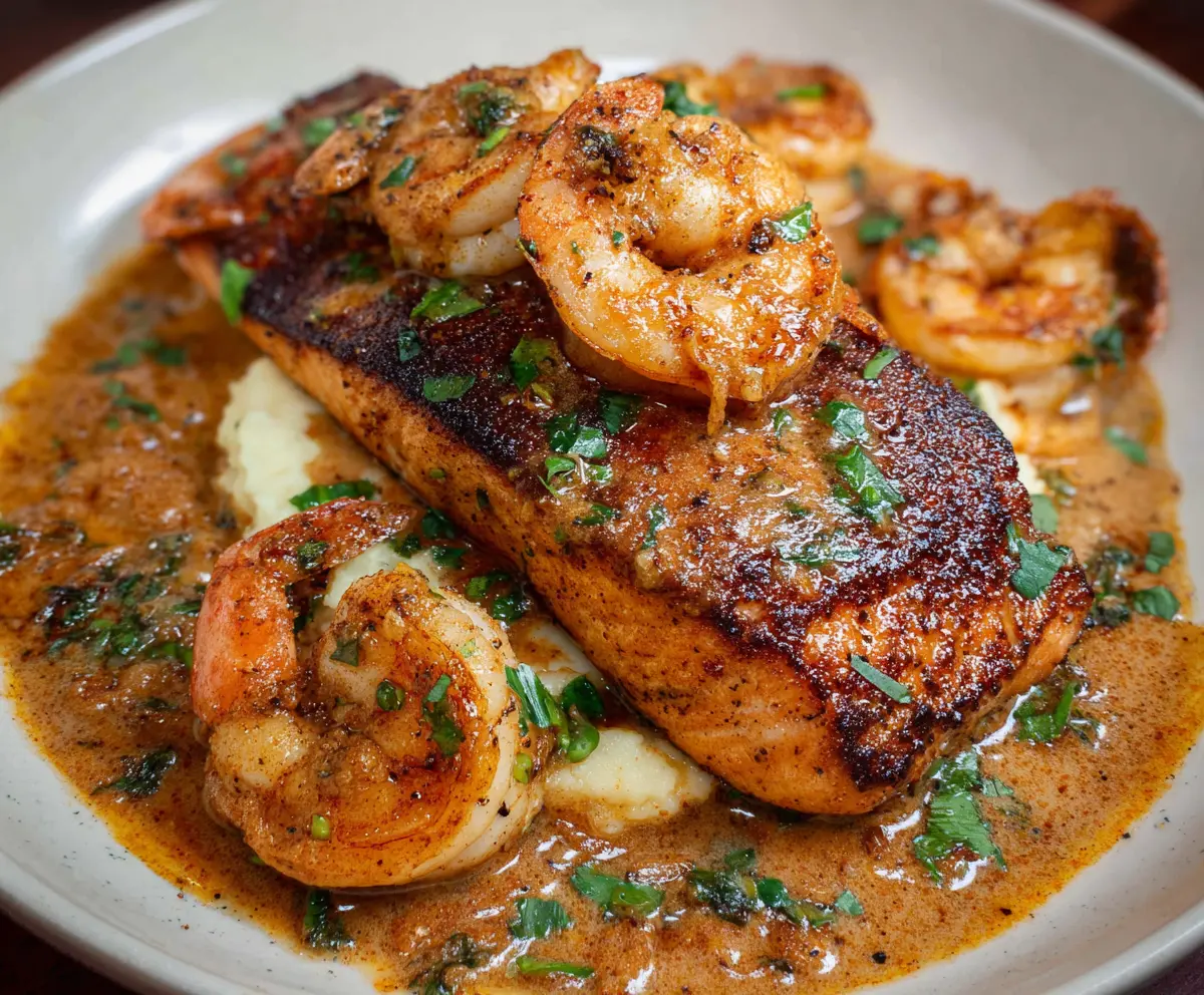 Delicious Cajun salmon and shrimp served on a plate with vibrant vegetables.