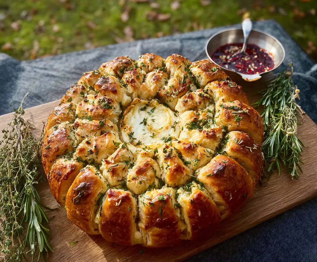 Delicious Camembert Pull-Apart Wreath showcasing melted cheese and golden crust, perfect for sharing at gatherings.
