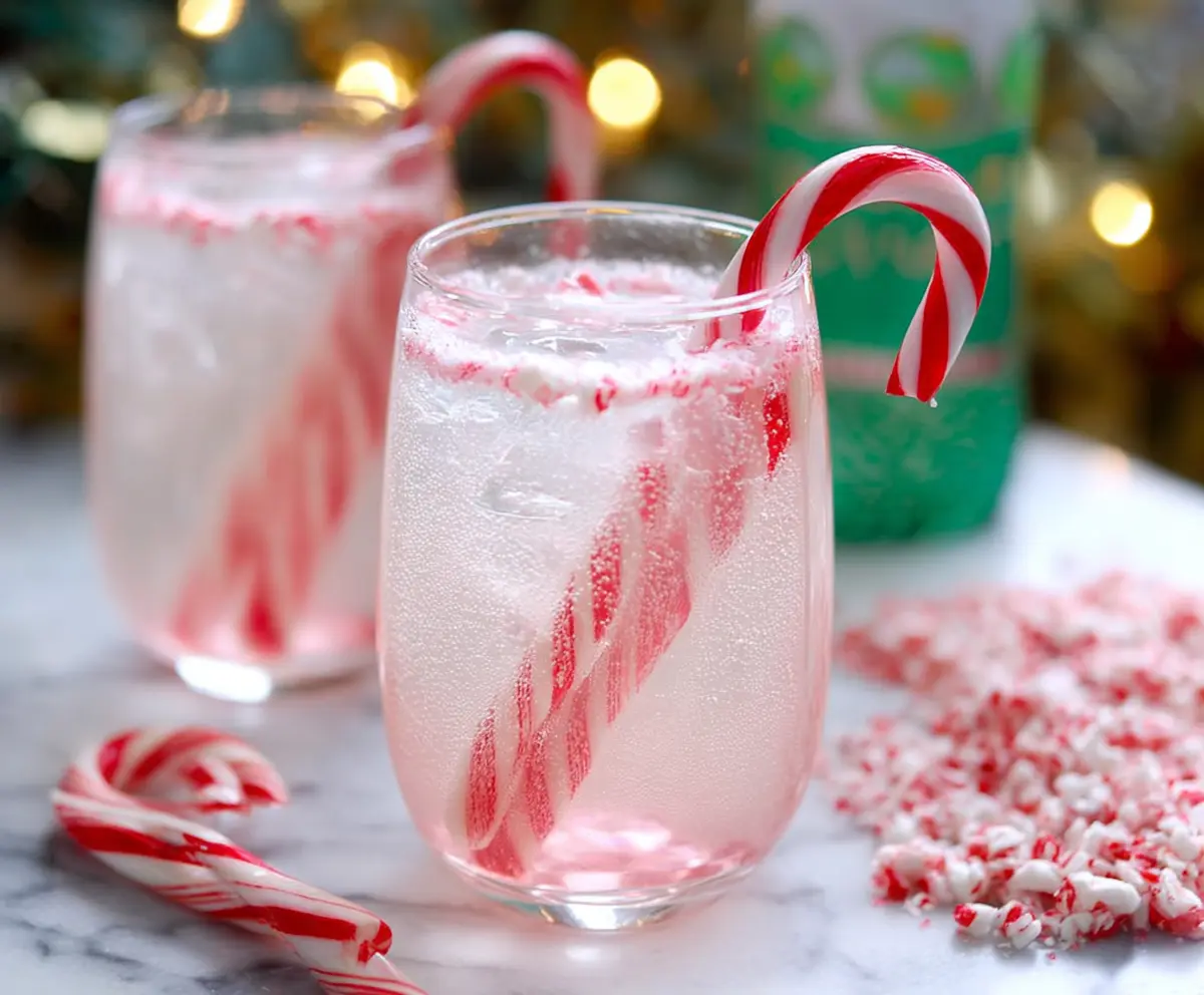 Refreshing Candy Cane Spritzer Cocktail garnished with a candy cane and mint leaves in a clear glass.