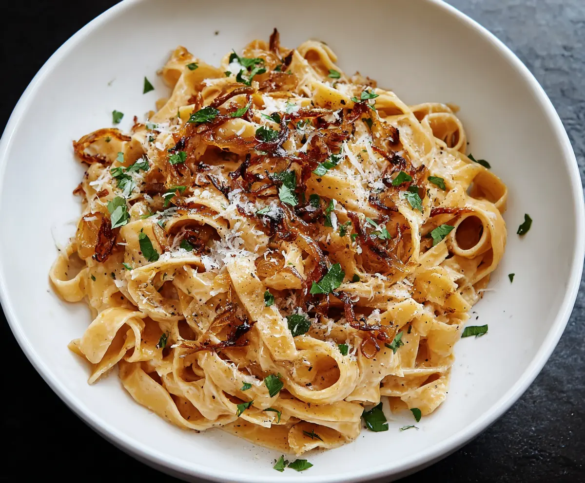 Delicious caramelized onion pasta served in a white bowl, garnished with herbs.