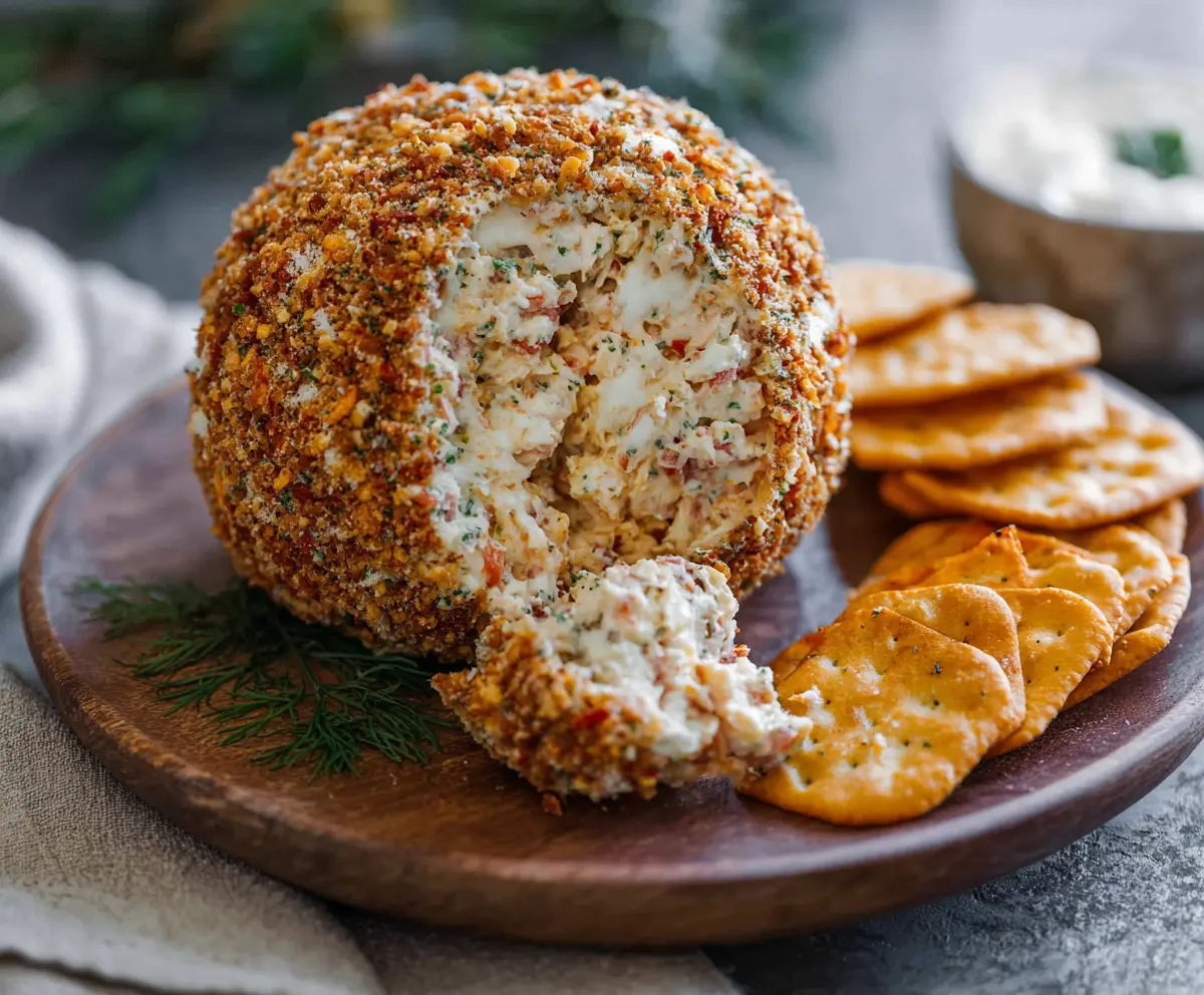 Delicious cheese ball appetizer with a creamy, cheesy exterior and garnished with herbs.
