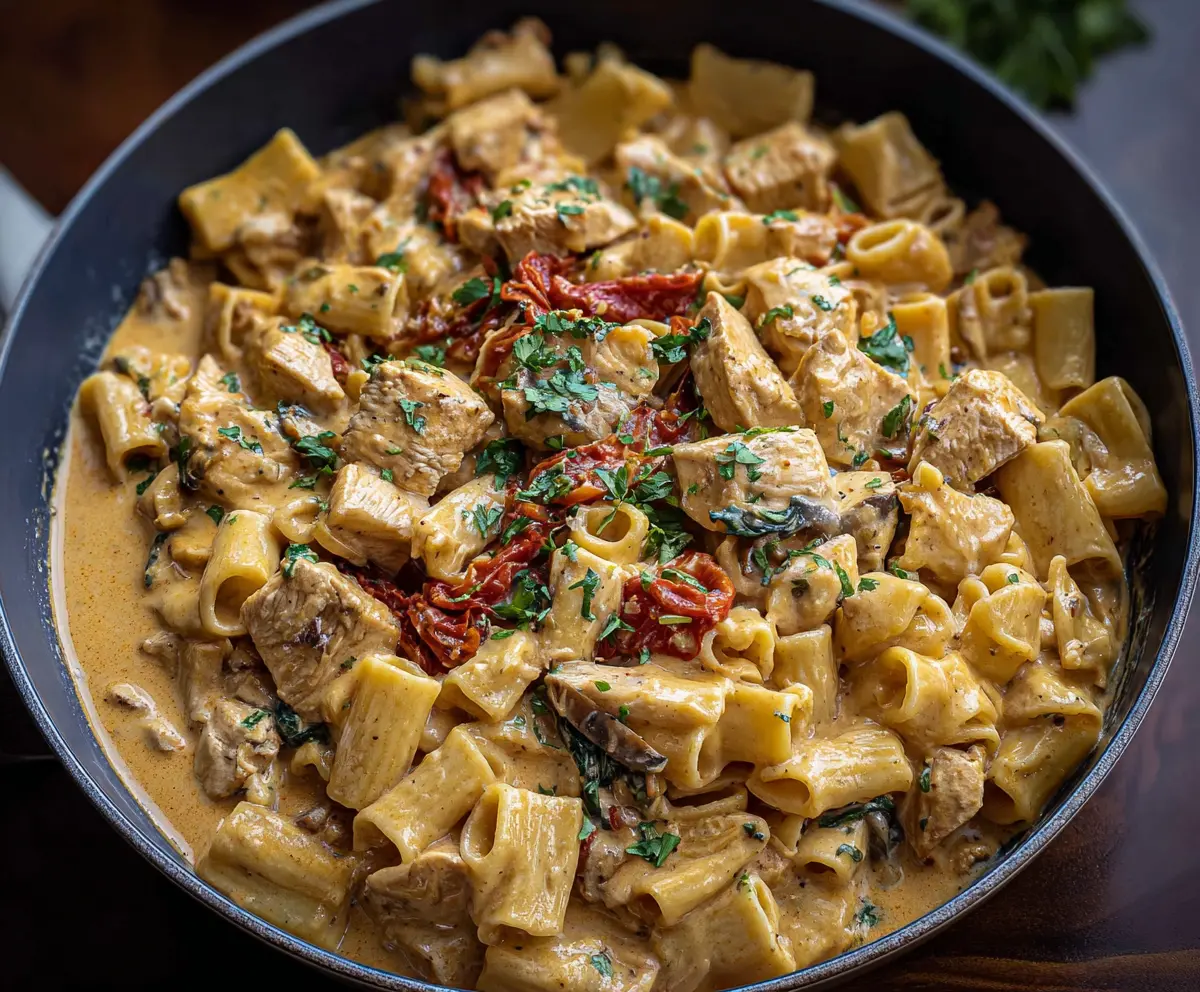 Delicious Chicken Creamy Tuscan Pasta with spinach and sun-dried tomatoes on a plate