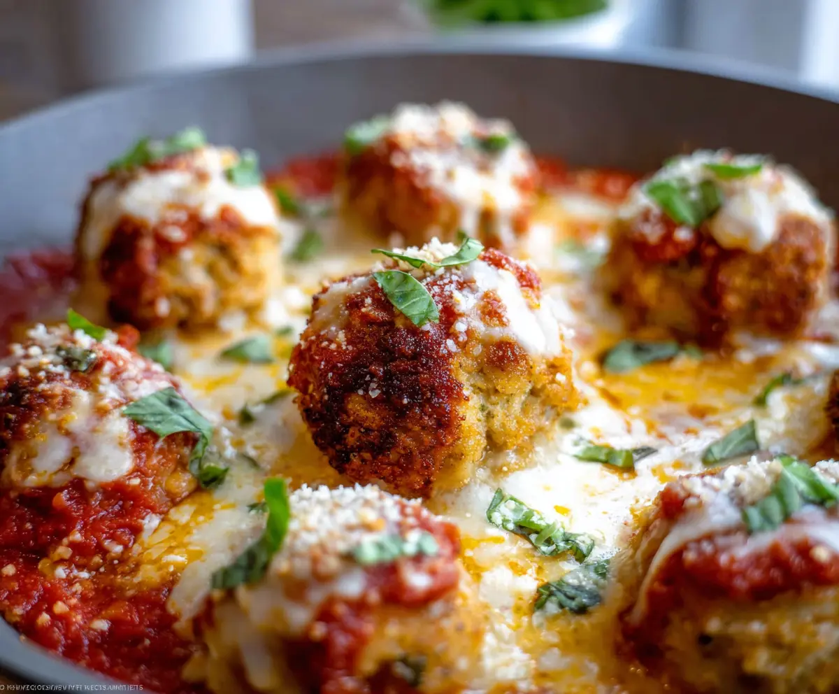Delicious Chicken Parmesan Meatballs topped with melted cheese and fresh basil on a plate.