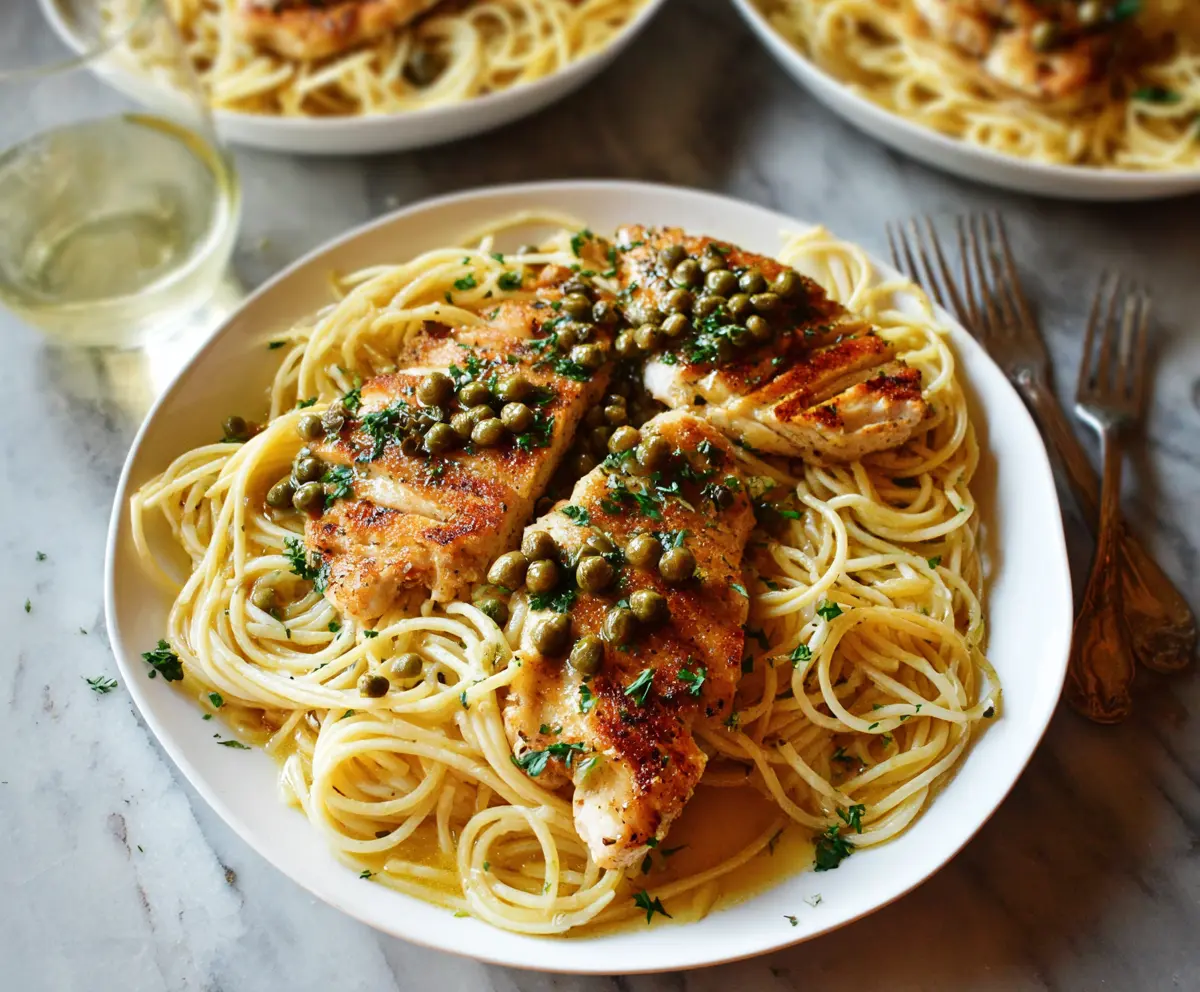 Delicious Chicken Piccata Pasta dish with lemon and capers served on a plate.