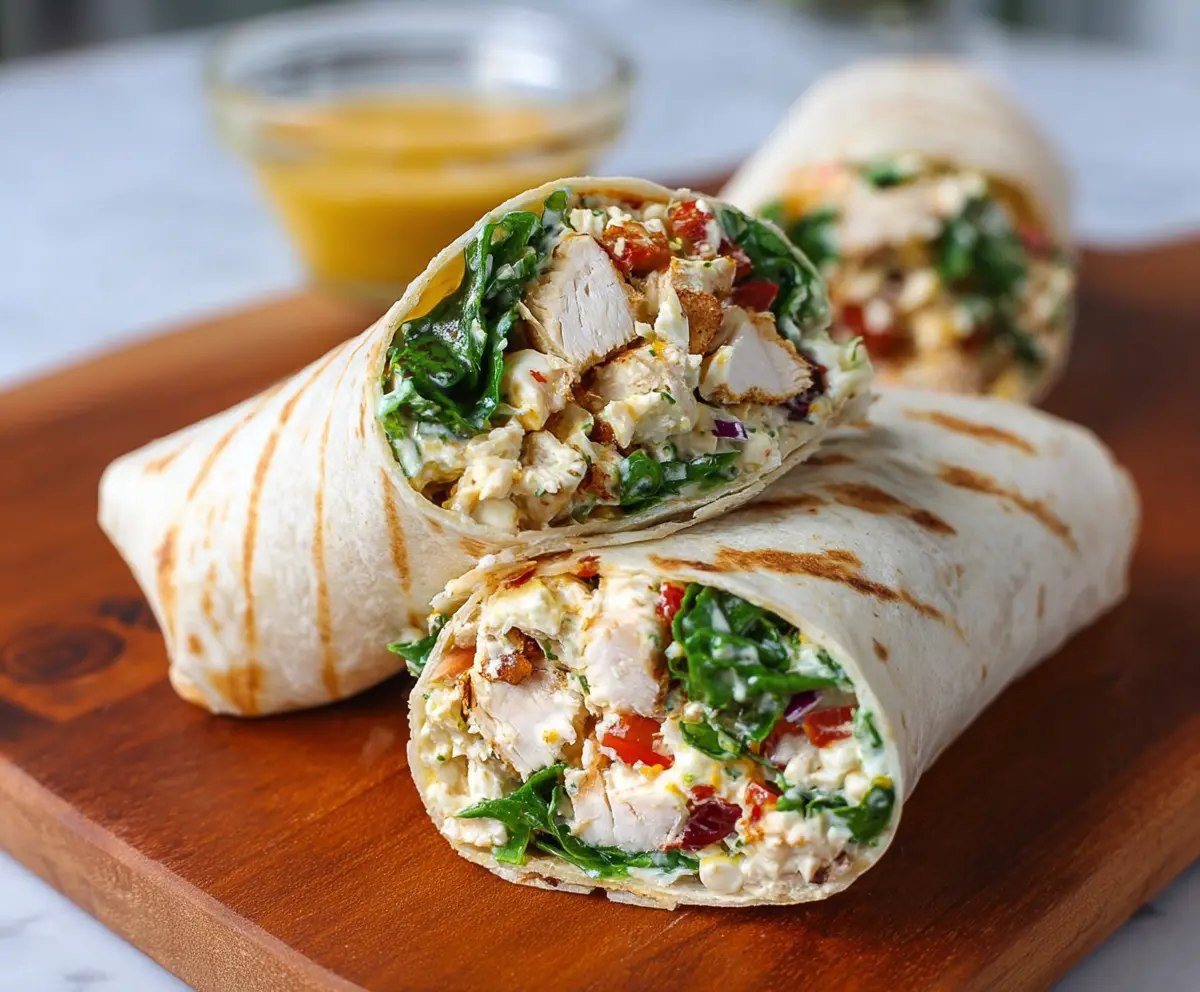 Healthy chicken salad protein wrap with fresh vegetables in whole wheat tortilla