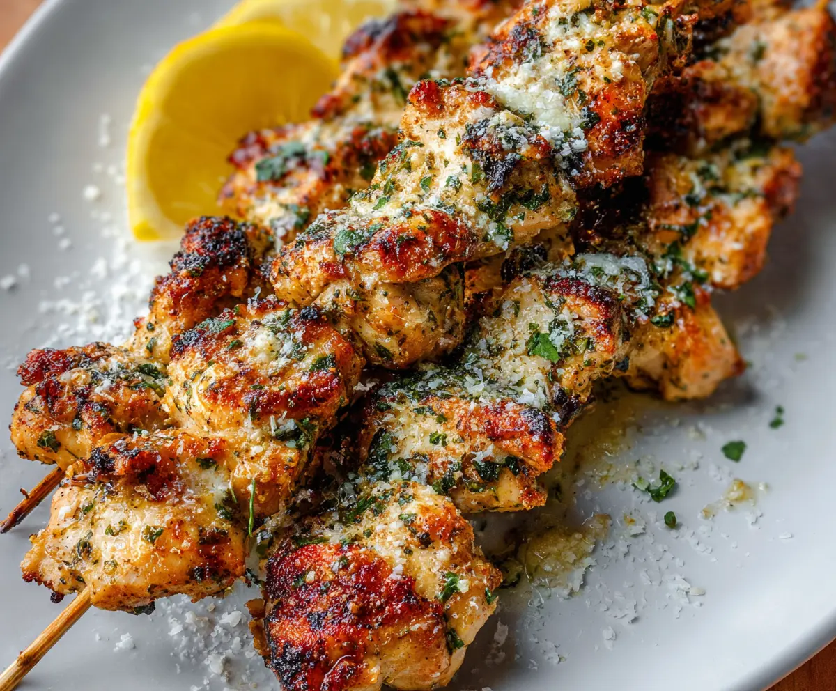 Delicious chicken skewers topped with garlic and Parmesan cheese, perfect for grilling or entertaining.