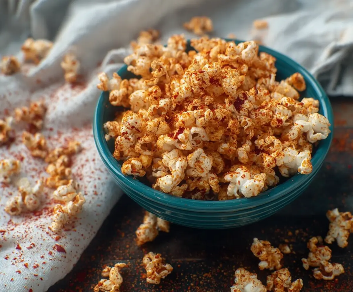 Spicy chilli popcorn in a bowl ready to snack on, perfect for movie nights