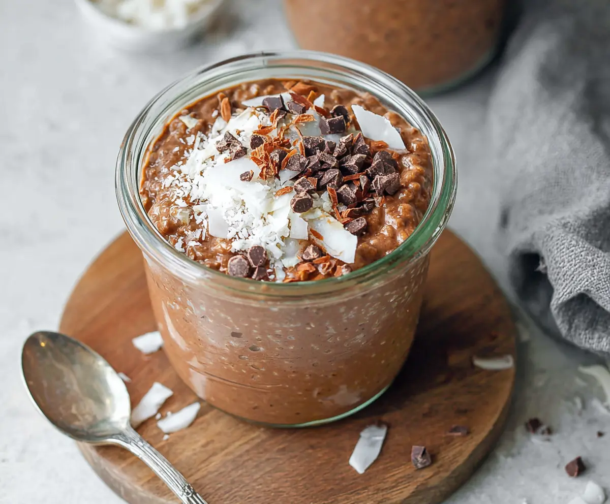 Delicious Chocolate Coconut Overnight Oats in a glass jar topped with shredded coconut and chocolate chips.