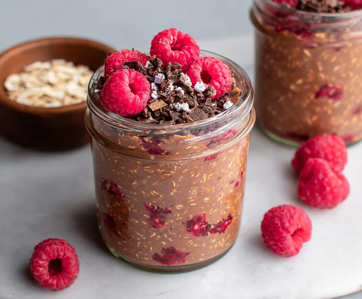 Creamy chocolate raspberry overnight oats in a glass jar, garnished with fresh raspberries.