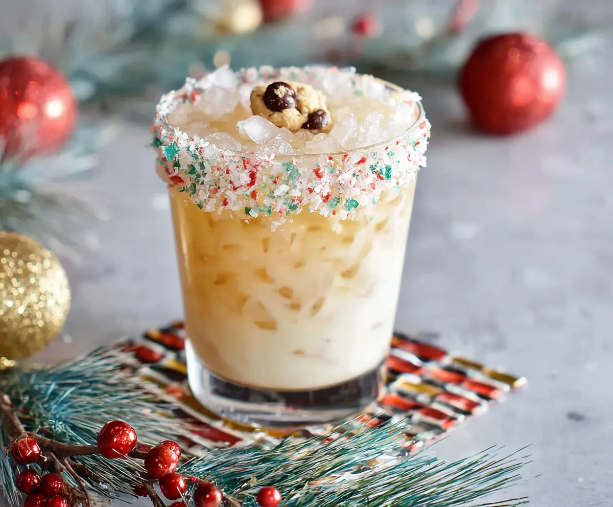 Festive Christmas Cookie Cocktail with colorful sprinkles and whipped cream in a holiday-themed glass.