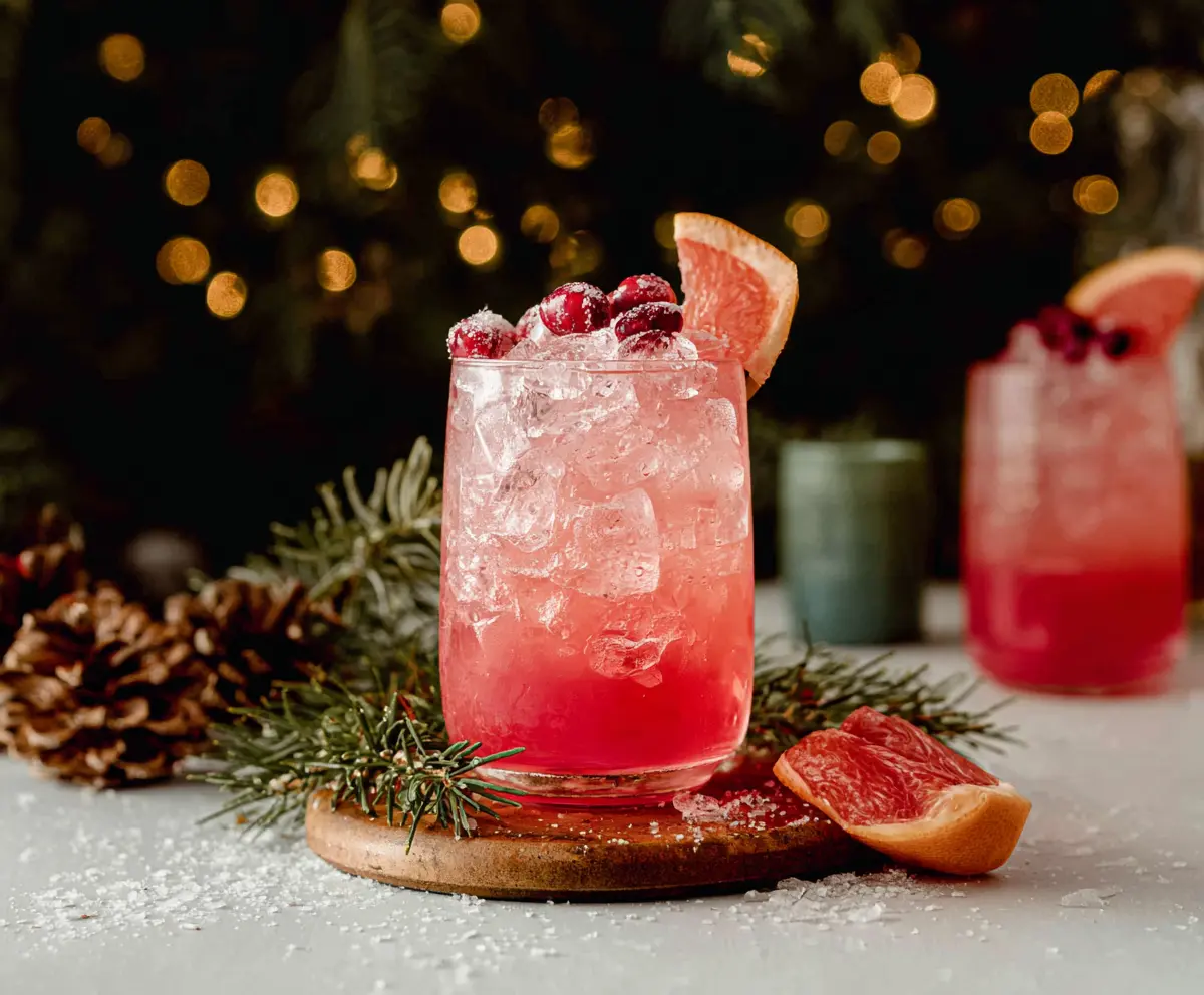Festive Christmas Paloma cocktail garnished with a lime wedge on a holiday table