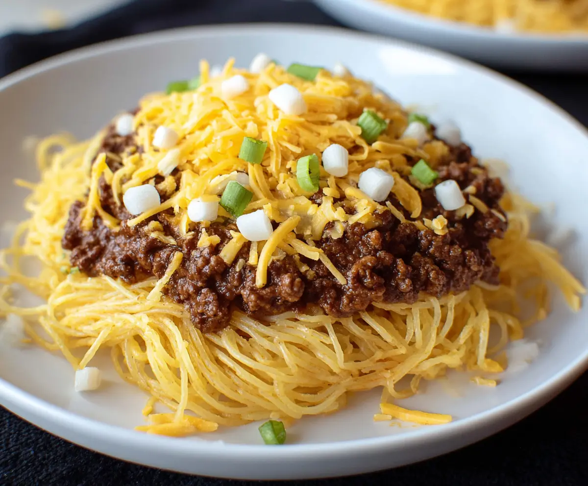 Delicious Cincinnati Chili Spaghetti topped with shredded cheese and diced onions