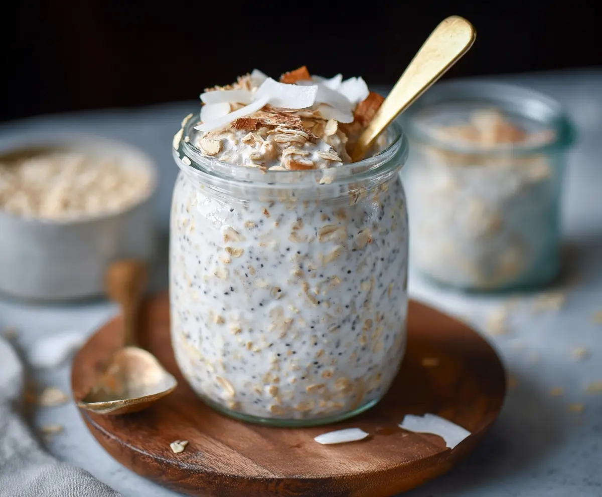 Creamy coconut overnight oats topped with fresh fruit and chia seeds for a healthy breakfast.
