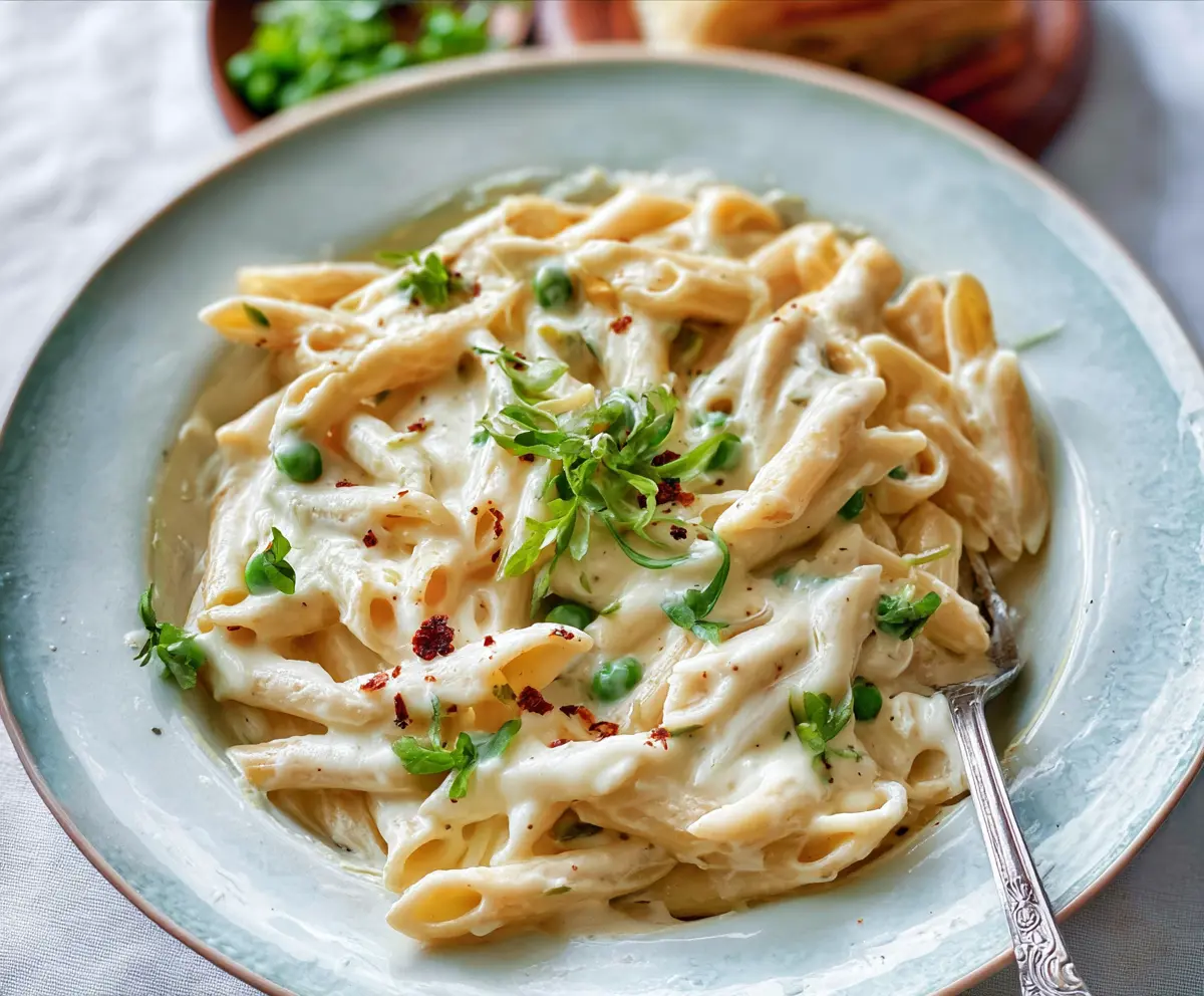 Creamy Cottage Cheese Alfredo Pasta served with fresh herbs in a white bowl