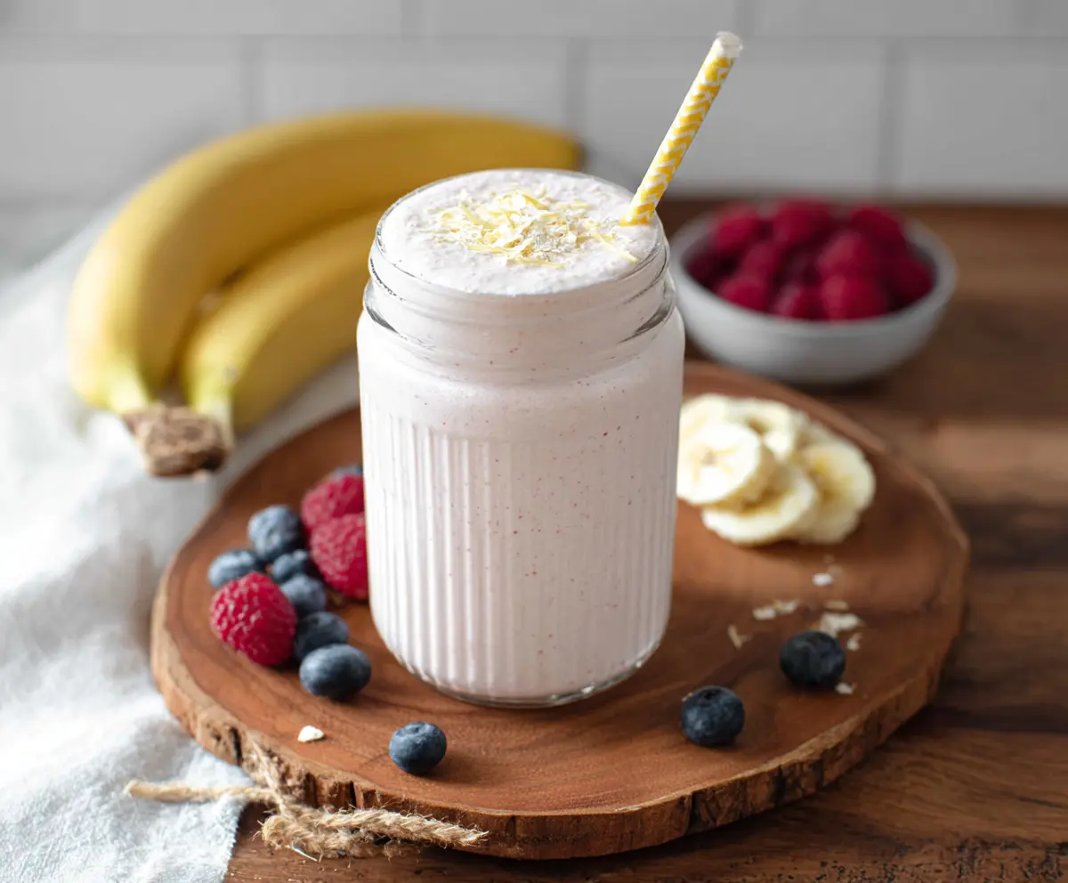 Creamy cottage cheese protein shake in a glass with fresh fruit topping, healthy high-protein breakfast drink.