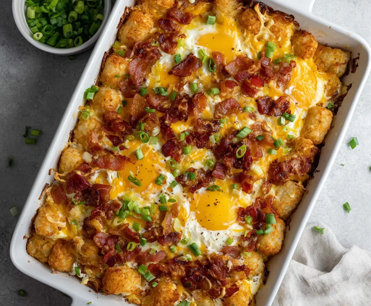 Delicious Crack Breakfast Casserole with Tater Tots and melted cheese, perfect for brunch.
