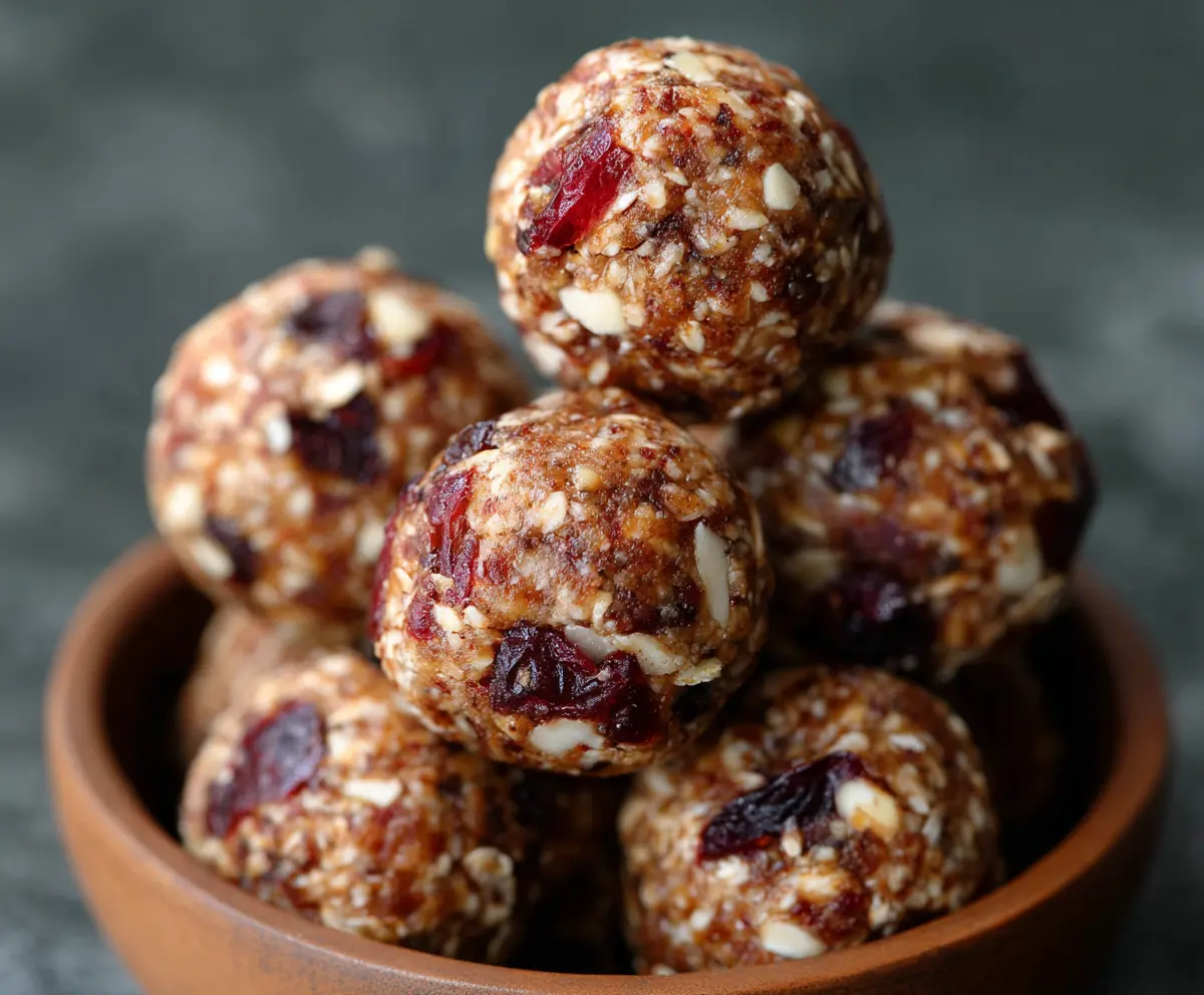 Delicious Cranberry Almond Energy Bites on a white plate, showcasing a healthy snack with cranberries and almonds.