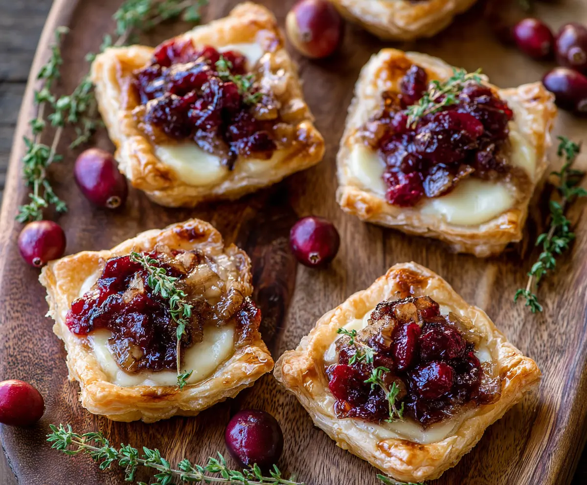 Delicious Cranberry Brie Tartlets with fresh cranberries and melted Brie cheese on a golden crust.