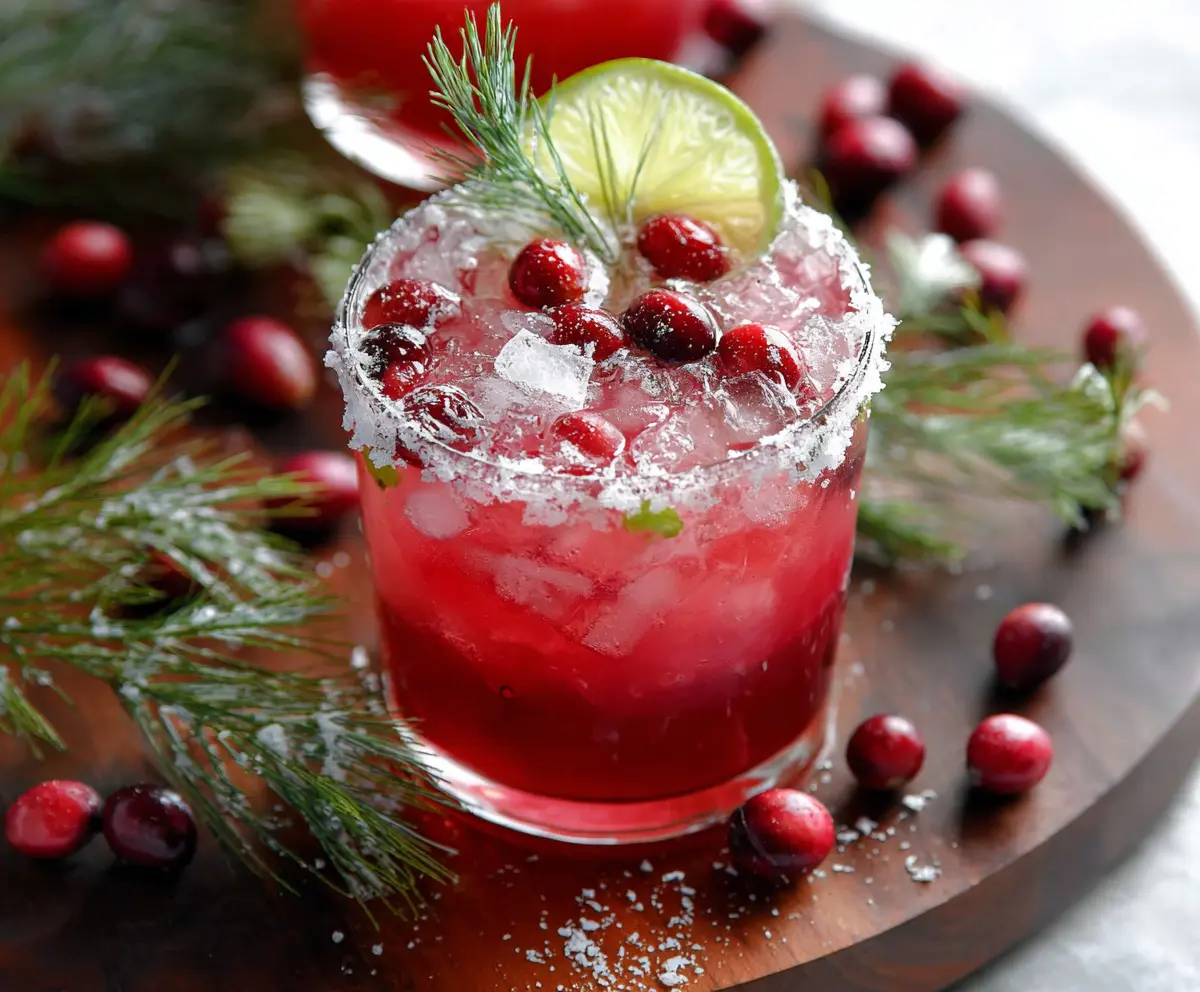 Refreshing cranberry margarita served in a cocktail glass, garnished with fresh cranberries and lime wedge.