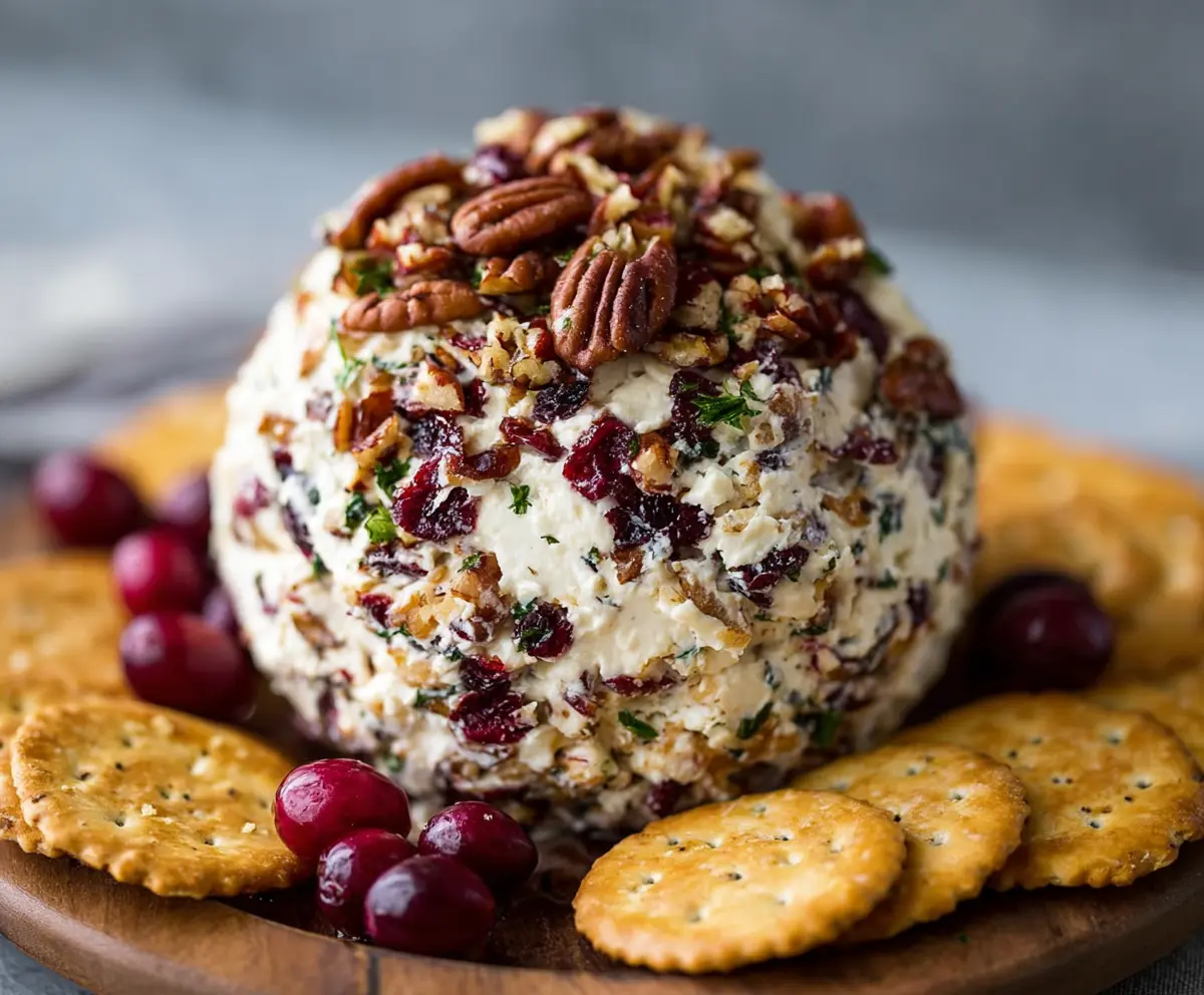 Delicious cranberry pecan cheese ball served with fresh crackers for a festive appetizer.