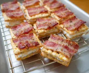 Cream Cheese Bacon Crackers: Savory and crispy snack with cream cheese and bacon on crackers.