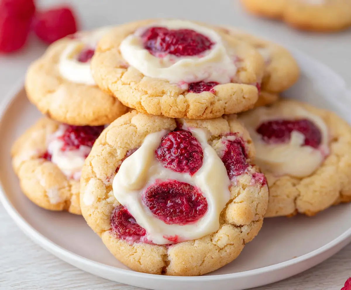 Delicious cream cheese raspberry cookies on a plate, perfect for dessert or snack.