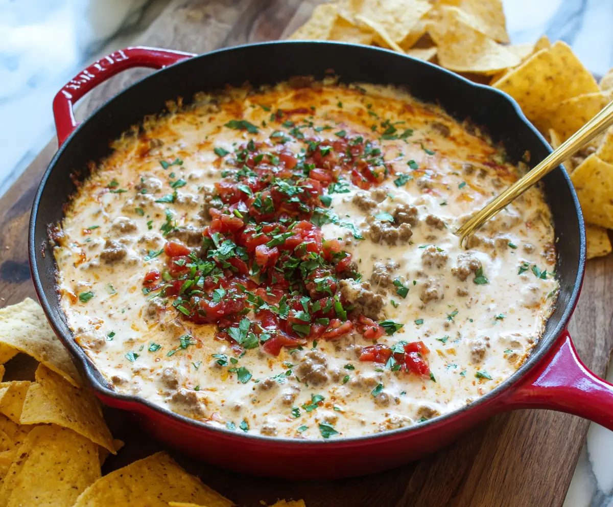 Cream Cheese Sausage Dip served with fresh vegetables and chips, perfect for parties and gatherings.