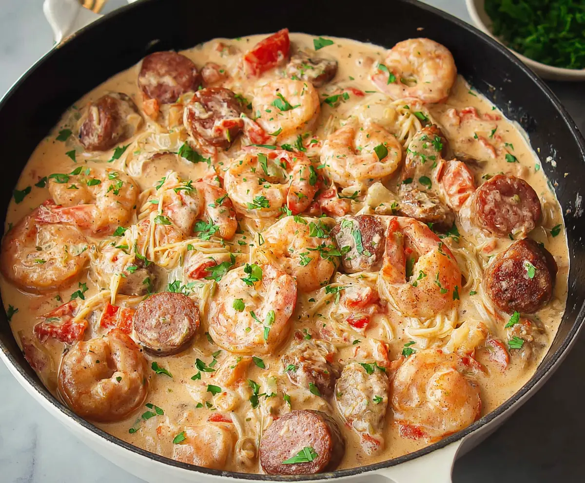 Delicious creamy Cajun shrimp and sausage dish with vibrant spices and fresh ingredients.