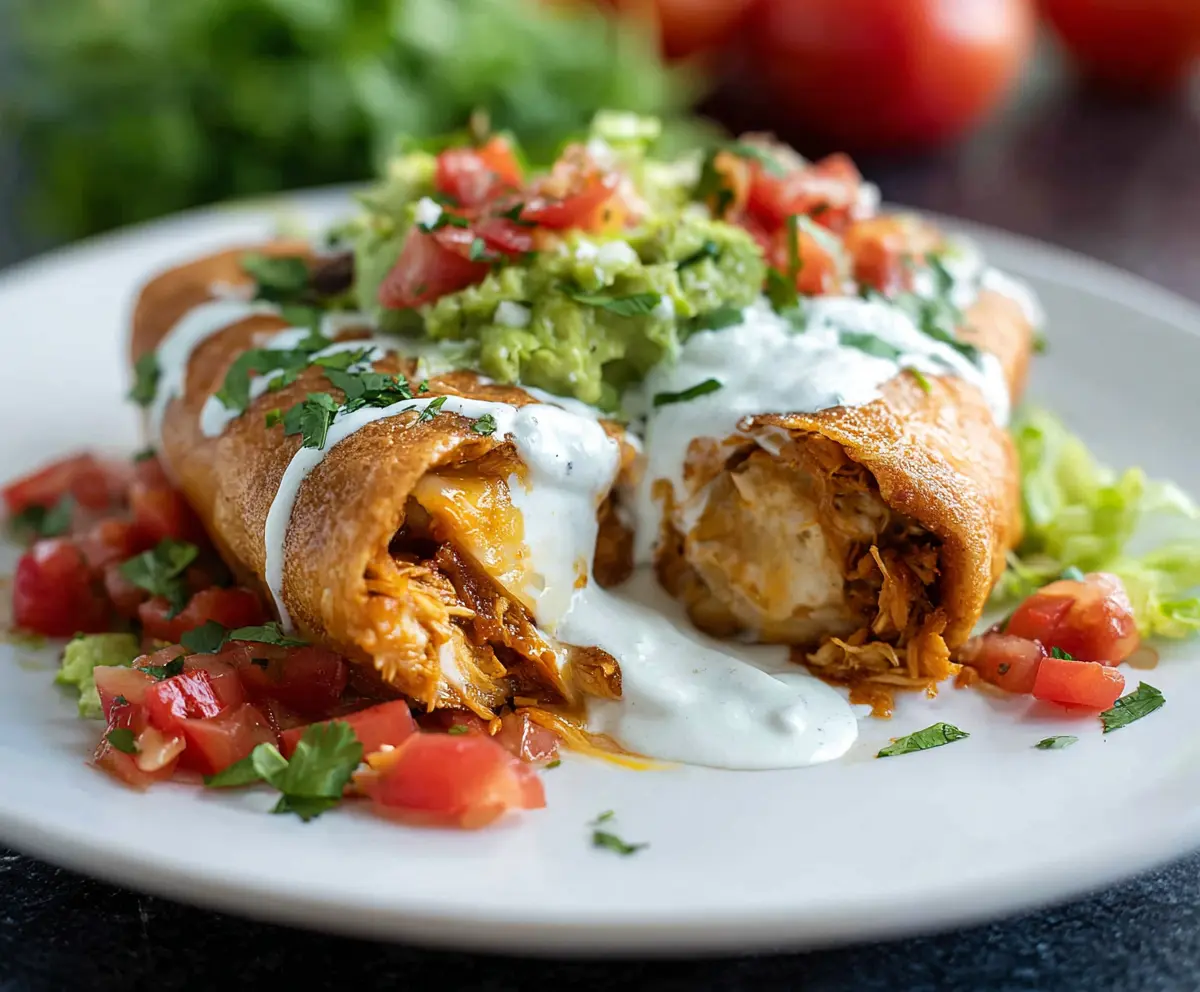 Golden crispy chicken chimichanga filled with seasoned chicken and melted cheese on a plate.