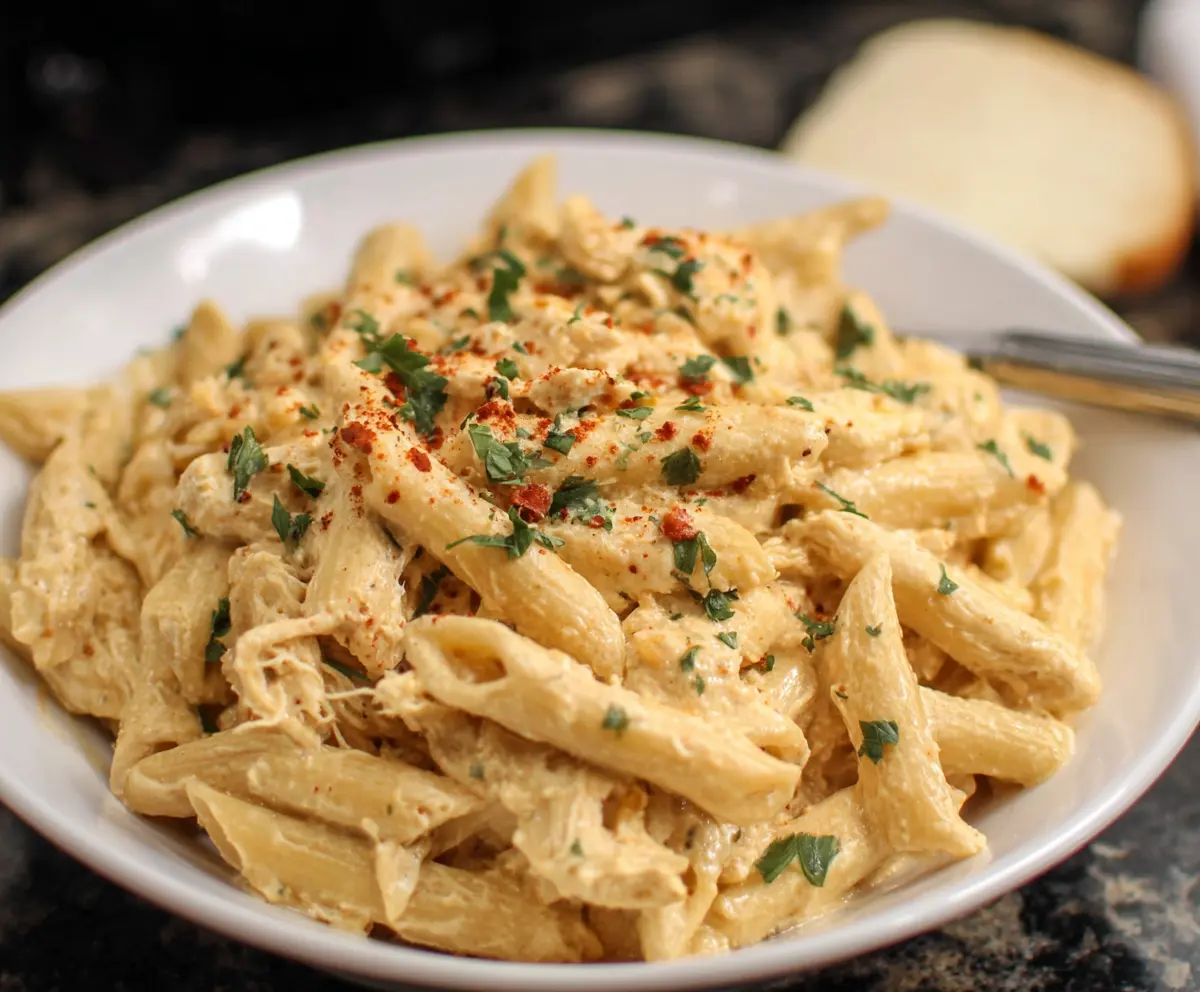 Delicious Crockpot Chicken Pasta served in a bowl with garnished herbs.