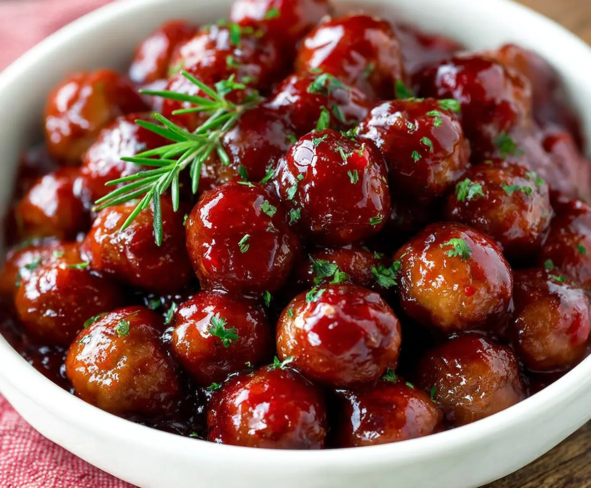 Delicious crockpot cranberry meatballs garnished with fresh herbs, perfect for holiday appetizers.