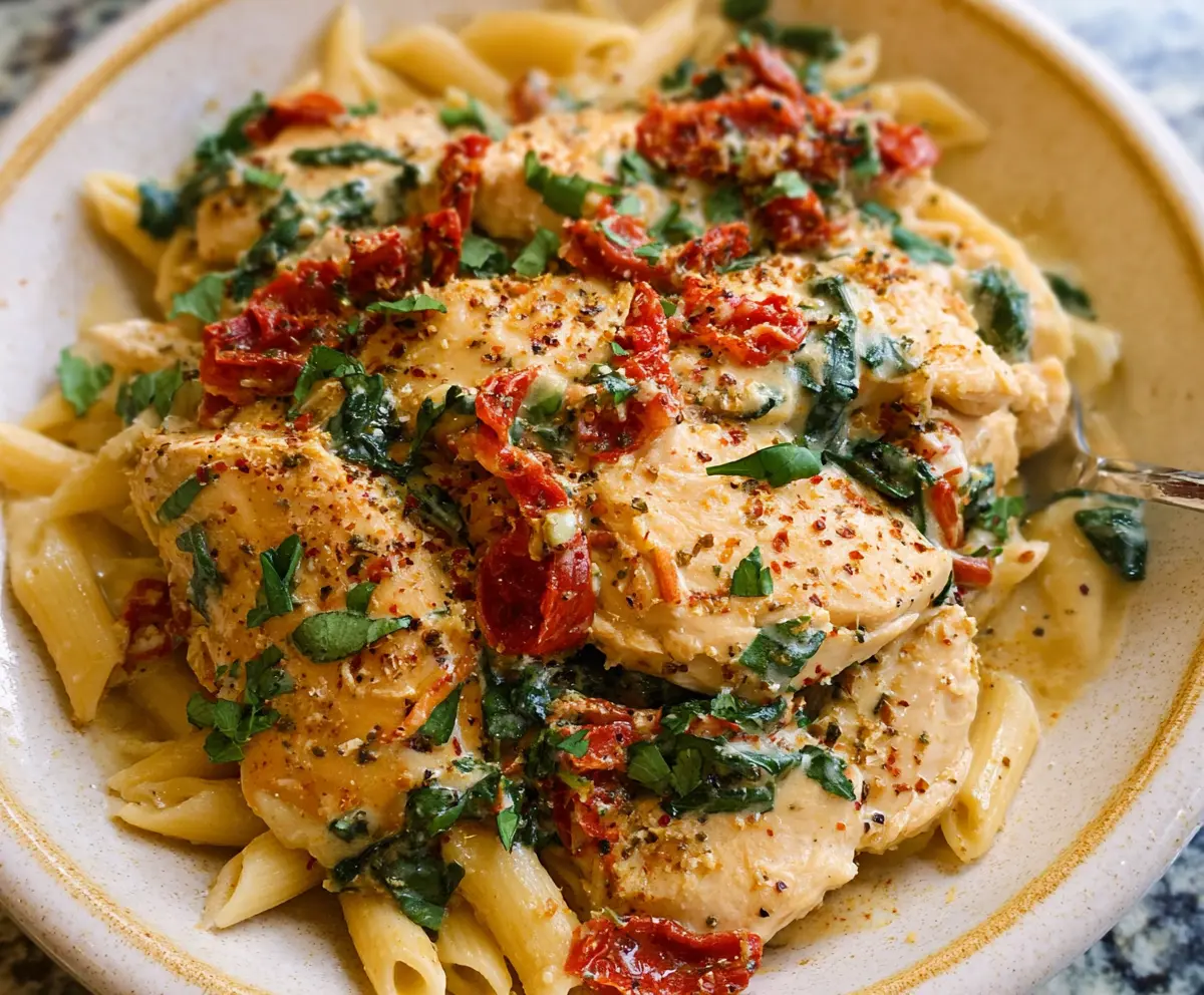 Creamy Crockpot Tuscan Chicken Pasta with spinach and sun-dried tomatoes in a savory sauce