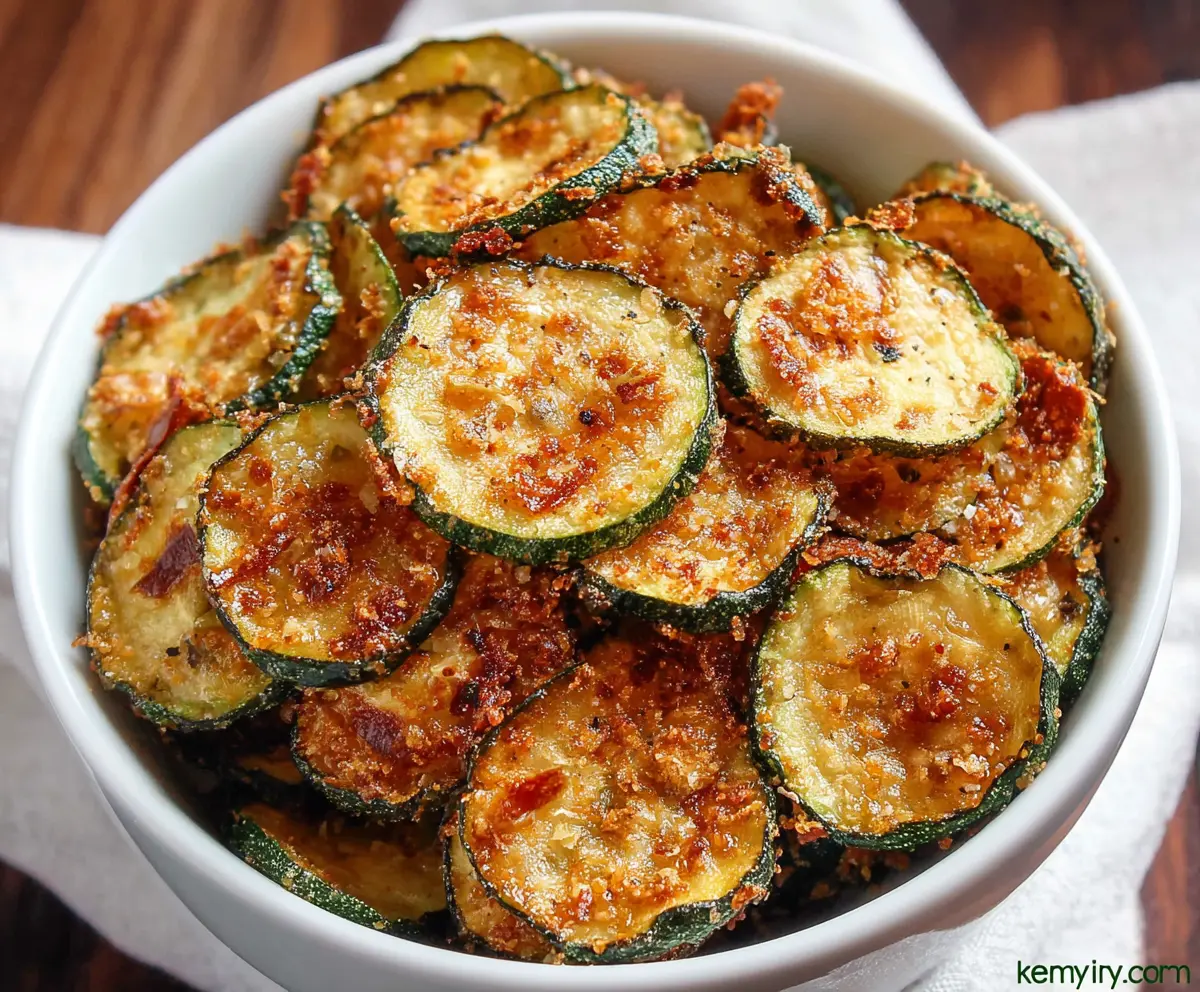 Crispy baked zucchini chips on a white plate, garnished with herbs, perfect for healthy snacking.
