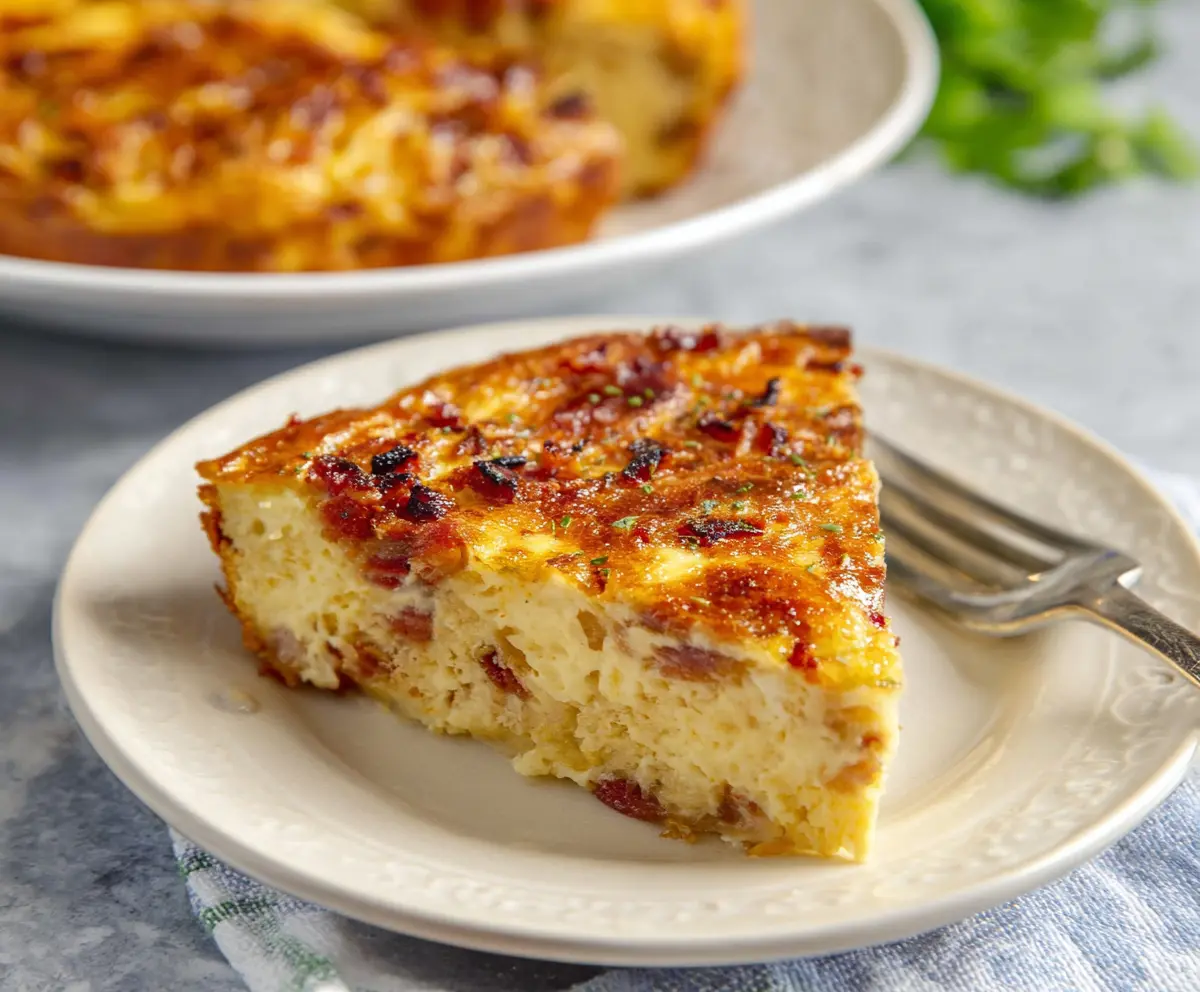 Delicious crustless bacon and cheese quiche served on a plate, perfect for breakfast or brunch.