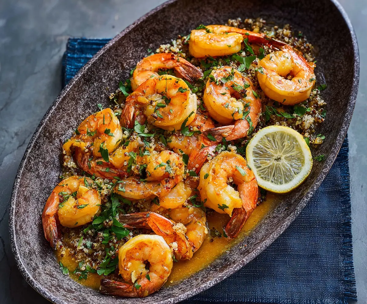Juicy Cuban Mojo Shrimp served with fresh herbs and citrus slices on a rustic plate.