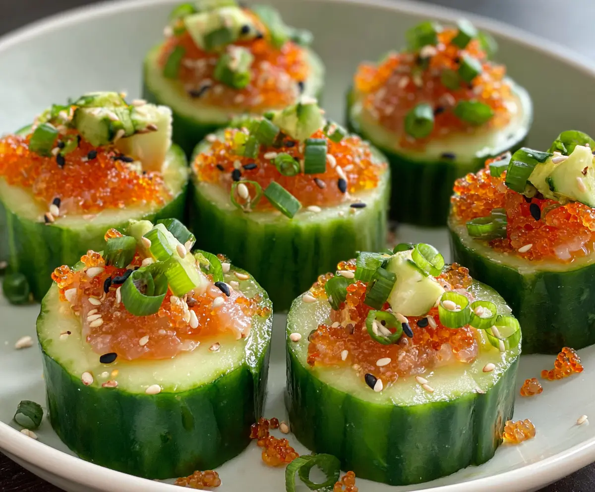 Delicious cucumber sushi bites with fresh fish and rice, perfect for a healthy appetizer.