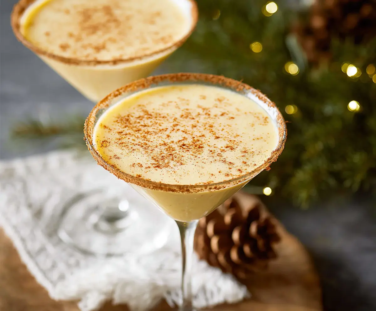 Creamy Eggnog Martini in a elegant glass garnished with nutmeg for festive holiday drinking.