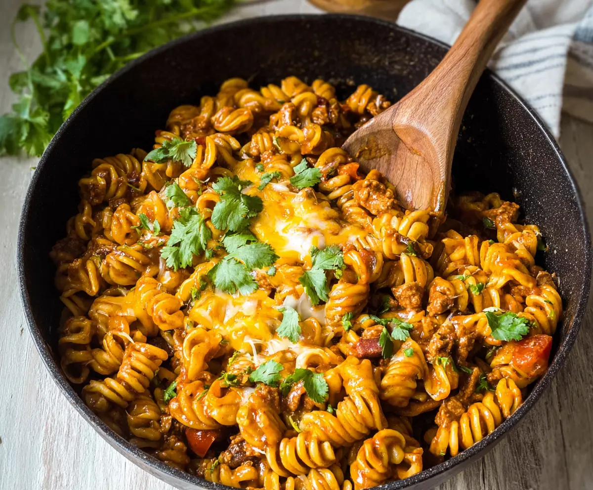 Delicious enchilada pasta served on a white plate with melted cheese and garnished with fresh herbs.