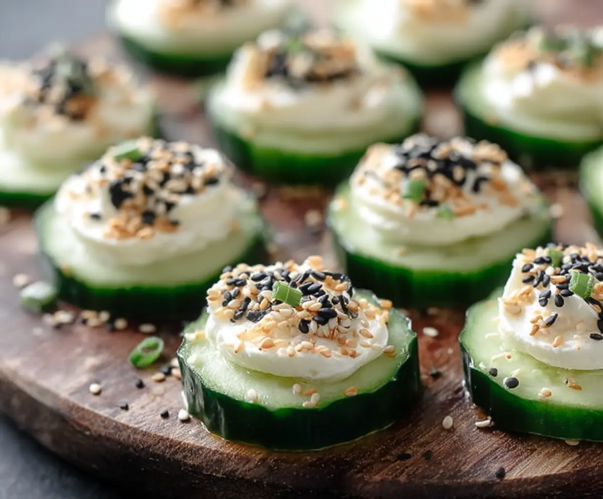 Stuffed cucumber bites topped with sesame seeds and everything bagel seasoning, perfect for snacks or appetizers.