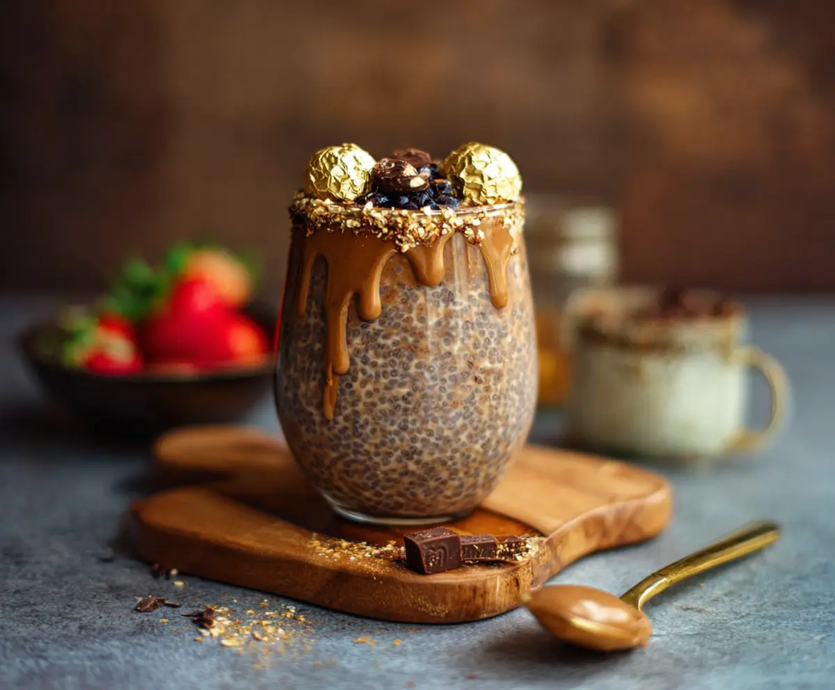 Creamy Ferrero Rocher Overnight Oats topped with crushed chocolates and hazelnuts for a delicious breakfast.
