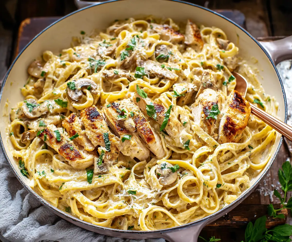 Creamy Fettuccine Alfredo with tender chicken pieces on a white plate.