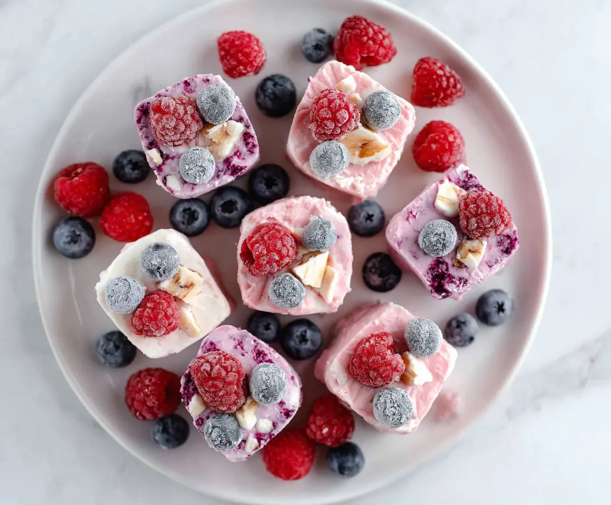 Frozen Greek Yogurt Bites on a plate with blueberries and honey drizzle