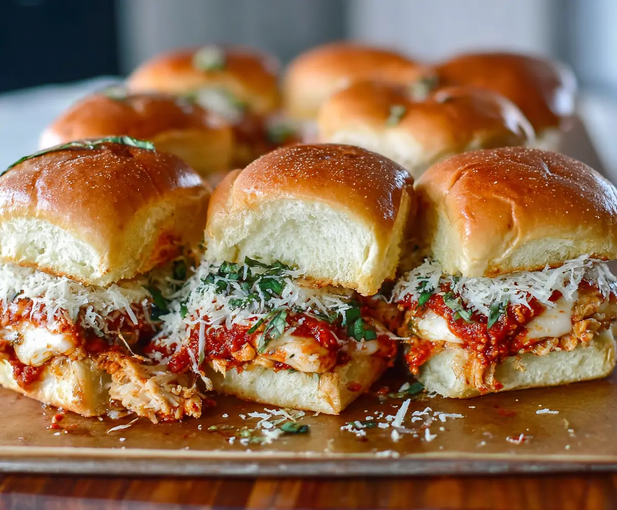 Delicious Garlic Chicken Parmesan Sliders with melted cheese and fresh herbs on a serving platter.