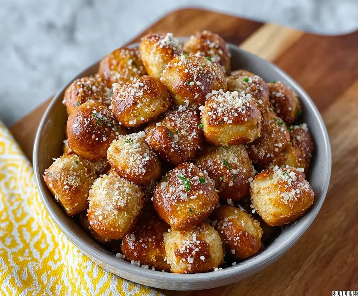 Golden garlic Parmesan pretzel bites served with melted cheese on a rustic wooden table.