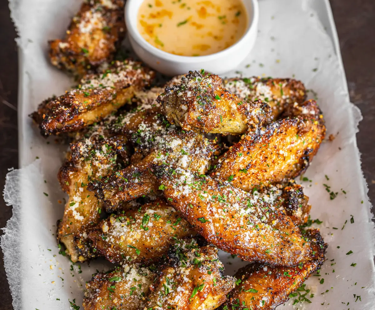 Delicious Garlic Parmesan Wings with crispy coating and seasoned garlic and Parmesan cheese